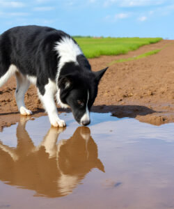 A-black-and-white-dog-with-a-white-patch-on-its-chest-and-tail-drinking-from-a-puddle-on-a-dirt-road-surrounded-by-green-grass-and-a-bright-blue-sky