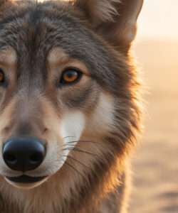 A-close-up-photograph-of-a-gray-wolf-with-piercing-amber-eyes-set-against-a-blurred-warm-toned-sunset-background-The-wolf-s-fur-appears-soft-and-thick-with-a-mix-of-brown-and-gray-hues