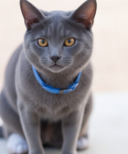 A-close-up-photograph-of-a-sleek-grey-tabby-cat-with-striking-yellow-eyes-wearing-a-blue-collar-sitting-on-a-white-surface-against-a-softly-blurred-beige-background