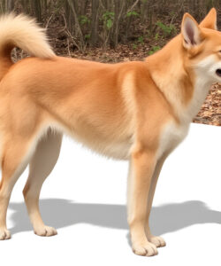 A-detailed-CGI-image-of-a-tan-and-white-Shiba-Inu-dog-standing-on-a-white-circular-platform-set-against-a-backdrop-of-autumnal-leaves-and-sparse-trees-The-dog-s-fur-is-realistic-and-textured