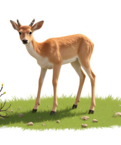 A-digital-drawing-of-a-young-tan-furred-deer-with-large-ears-standing-on-a-grassy-patch-dotted-with-small-rocks-A-bare-tree-branch-lies-beside-it