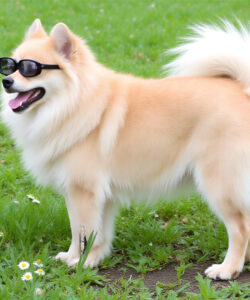 A-fluffy-light-brown-Shiba-Inu-dog-stands-on-a-grassy-field-wearing-black-sunglasses-with-its-tail-curved-and-white-flowers-scattered-around
