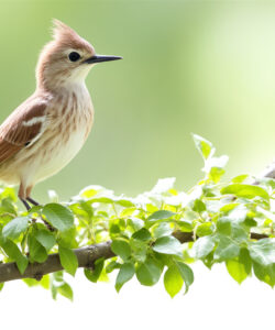 A-photograph-captures-a-small-brown-and-white-bird-with-a-crest-perched-on-a-branch-amidst-vibrant-green-leaves-set-against-a-blurred-sunlit-green-background