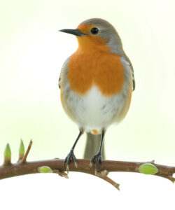 A-photograph-of-a-European-robin-perched-on-a-slender-branch-The-bird-s-orange-chest-contrasts-with-its-white-belly-and-grey-head-set-against-a-soft-light-green-background