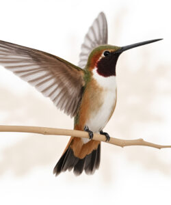 A-photograph-of-a-Rufous-Hummingbird-in-mid-flight-wings-extended-perched-on-a-thin-branch-against-a-soft-white-background-The-bird-s-iridescent-green-red-and-white-feathers-are-vividly-detailed