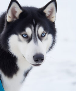 A-photograph-of-a-Siberian-Husky-with-striking-blue-eyes-black-and-white-fur-and-a-blue-harness-set-against-a-snowy-background