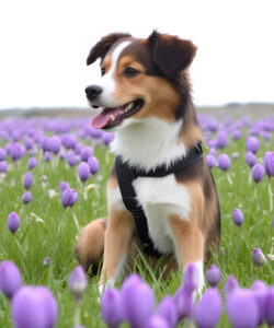 A-photograph-of-a-brown-and-white-Border-Collie-in-a-field-of-blooming-purple-crocuses-wearing-a-black-harness-with-a-bright-overcast-sky-in-the-background