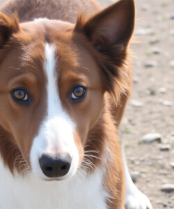 A-photograph-of-a-brown-and-white-Border-Collie-with-piercing-blue-eyes-standing-on-a-rocky-dirt-path-with-sparse-greenery-in-the-background