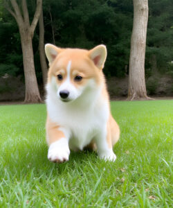 A-photograph-of-a-cute-fluffy-Corgi-puppy-with-white-and-tan-fur-sitting-on-lush-green-grass-in-a-dense-sunlit-forest