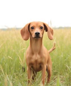 A-photograph-of-a-cute-small-brown-dog-with-floppy-ears-standing-in-tall-green-grass-field-under-a-cloudy-sky