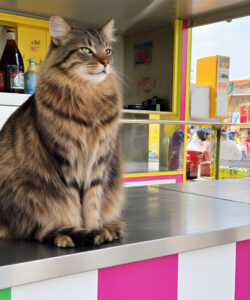 A-photograph-of-a-fluffy-long-haired-tabby-cat-sitting-on-a-shiny-pink-and-white-counter-at-a-colorful-vibrant-fair-with-blurred-carnival-goers-in-the-background