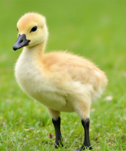 A-photograph-of-a-fluffy-yellow-duckling-with-black-feet-and-beak-standing-on-vibrant-green-grass-in-a-serene-outdoor-setting-The-background-is-a-blurred-lush-green-field-1