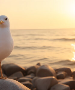 A-photograph-of-a-seagull-standing-on-a-rock-with-a-serene-sunset-reflecting-on-the-calm-ocean-in-the-background-The-sky-is-golden-and-the-beach-is-scattered-with-smooth-stones