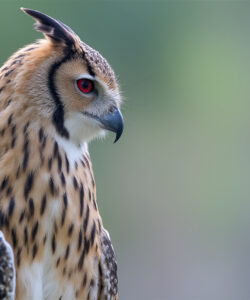 A-photograph-of-a-sharp-eyed-brown-and-white-owl-with-striking-red-eyes-set-against-a-blurred-green-and-grey-background