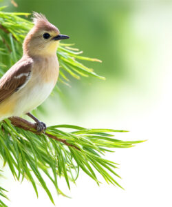 A-photograph-of-a-small-delicate-finch-with-a-slender-beak-and-reddish-brown-crest-perched-on-green-pine-branches-set-against-a-blurred-bright-green-background