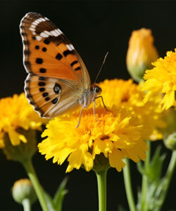 A-photograph-of-a-small-orange-and-black-butterfly-perched-on-bright-yellow-flowers-with-green-stems-against-a-dark-background-The-butterfly-s-delicate-wings-display-intricate-patterns