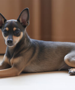 A-photograph-of-a-small-tan-and-black-Chihuahua-puppy-with-large-ears-lying-on-a-light-wooden-floor-in-front-of-brown-curtains-gazing-intently-at-the-camera