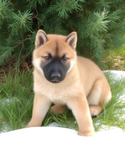 A-photograph-of-a-tan-German-Shepherd-puppy-with-blue-eyes-sitting-on-a-patch-of-grass-near-a-snow-covered-area-Behind-the-puppy-is-a-lush-green-pine-tree