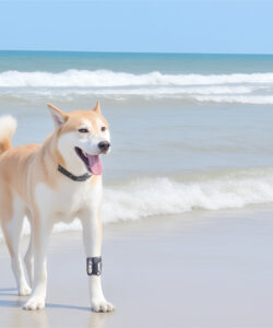 A-photograph-of-a-tan-and-white-Shiba-Inu-dog-with-a-black-collar-standing-on-a-sandy-beach-with-gentle-waves-in-the-background-under-a-clear-blue-sky