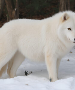 A-photograph-of-a-white-Arctic-wolf-standing-in-snow-with-a-forest-background-The-wolf-s-thick-fur-contrasts-against-the-brown-forest-floor