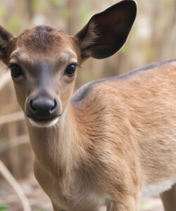 A-photograph-of-a-young-deer-with-large-dark-ears-brown-fur-and-a-white-underbelly-standing-in-a-blurred-forest-background