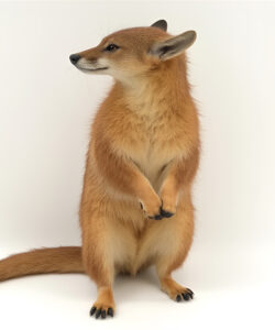 A-realistic-CGI-image-of-a-stoic-red-fox-with-alert-posture-standing-on-a-plain-white-background-showcasing-its-reddish-fur-white-underbelly-and-bushy-tail