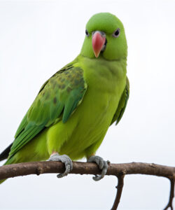 A-vibrant-green-parrot-with-a-pink-beak-and-black-tipped-wings-perches-on-a-thin-branch-against-a-cloudy-sky-The-bird-s-feathers-are-smooth-and-vivid-contrasting-with-the-soft-blurred-background