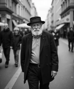 Black-and-white-photograph-of-an-elderly-white-man-with-a-beard-wearing-a-hat-and-coat-walking-on-a-city-street