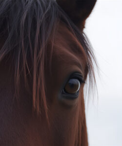 Extreme-close-up-photograph-of-a-horse-s-face-focusing-on-its-large-dark-brown-eye-with-a-glossy-sheen-surrounded-by-dark-brown-fur-and-mane-The-background-is-a-soft-out-of-focus-sky