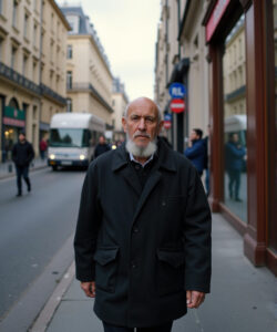 Photograph-of-a-bald-white-man-with-a-gray-beard-wearing-a-black-coat-walking-on-a-Paris-street