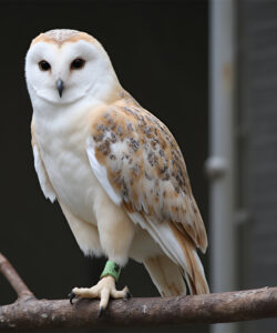 Photograph-of-a-barn-owl-perched-on-a-metal-bar-with-a-blurred-grey-background-and-green-foliage-The-owl-s-white-face-brown-and-white-speckled-feathers-and-yellow-talons-stand-out