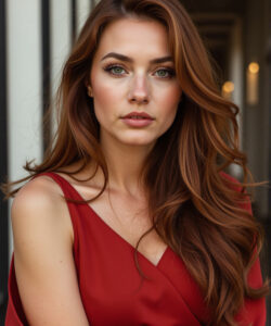 Photograph-of-a-beautiful-light-skinned-woman-with-long-wavy-brown-hair-wearing-a-red-dress-set-against-an-urban-backdrop