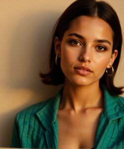 Photograph-of-a-beautiful-light-skinned-woman-with-shoulder-length-brown-hair-wearing-a-teal-jacket-against-a-beige-background