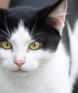 Photograph-of-a-black-and-white-cat-with-striking-yellow-eyes-pink-nose-and-pointed-ears-set-against-a-blurred-earthy-background-The-cat-s-fur-is-smooth-and-its-expression-is-calm-and-attentive