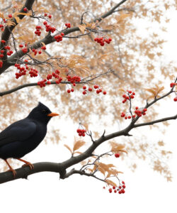 Photograph-of-a-blackbird-perched-on-a-bare-tree-branch-surrounded-by-autumnal-red-berries-against-a-white-sky-The-bird-s-glossy-feathers-contrast-with-the-muted-beige-leaves