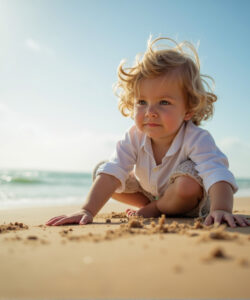 Photograph-of-a-blonde-toddler-in-white-shirt-playing-on-sandy-beach-with-waves-in-the-background-sunny-day