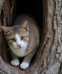 Photograph-of-a-curious-gray-and-white-tabby-cat-with-green-eyes-peeking-from-a-hollow-tree-trunk-in-a-forest-The-background-features-blurred-green-foliage-suggesting-a-natural-wooded-setting