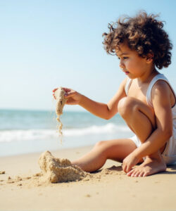 Photograph-of-a-curly-haired-light-skinned-toddler-in-a-white-tank-top-and-shorts-building-sandcastles-on-a-sunny-beach