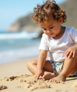 Photograph-of-a-curly-haired-toddler-in-a-white-shirt-and-patterned-shorts-playing-in-sand-at-a-sunny-beach