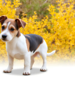 Photograph-of-a-cute-small-Jack-Russell-Terrier-puppy-with-brown-white-and-black-fur-standing-amidst-vibrant-yellow-autumn-foliage-with-a-blurred-background