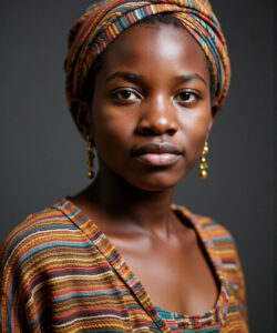 Photograph-of-a-dark-skinned-attractive-Black-woman-with-a-headwrap-striped-blouse-and-dangling-earrings-against-a-dark-background
