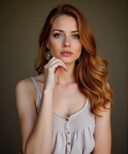 Photograph-of-a-fair-skinned-red-haired-woman-with-green-eyes-wearing-a-sleeveless-beige-top-against-a-plain-neutral-background