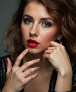 Photograph-of-a-fair-skinned-woman-with-wavy-auburn-hair-wearing-red-lipstick-black-lace-top-and-diamond-earrings