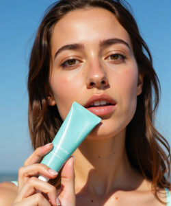 Photograph-of-a-light-skinned-brunette-woman-holding-a-mint-green-tube-of-Cleansing-Oil-against-a-clear-blue-sky-background