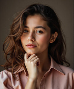 Photograph-of-a-light-skinned-woman-with-wavy-brown-hair-wearing-a-pink-blouse-against-a-neutral-background