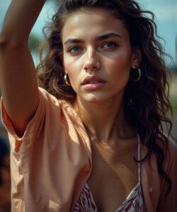 Photograph-of-a-light-skinned-woman-with-wavy-brown-hair-wearing-hoop-earrings-a-peach-blouse-and-a-red-patterned-dress