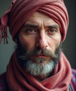 Photograph-of-a-middle-aged-South-Asian-man-with-a-rugged-beard-piercing-green-eyes-wearing-a-red-turban-and-scarf