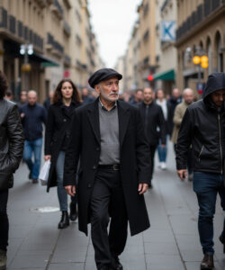 Photograph-of-a-middle-aged-man-in-a-black-coat-and-flat-cap-walking-on-a-bustling-European-street