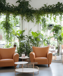 Photograph-of-a-modern-lush-indoor-space-with-orange-armchairs-greenery-a-man-in-VR-headset-and-potted-plants