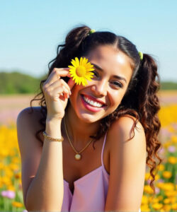 Photograph-of-a-smiling-curly-haired-woman-with-pigtails-wearing-a-pink-dress-holding-a-yellow-daisy-in-a-sunlit-field